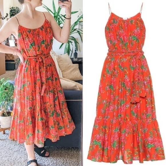 Rhode Lea Tea Length Bouquet Red Floral Midi Belted Dress - Picture 1 of 6